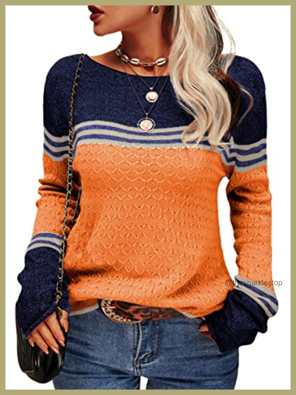 Womens Lightweight Striped Crewneck Pullover Sweater Casual Fall Winter
